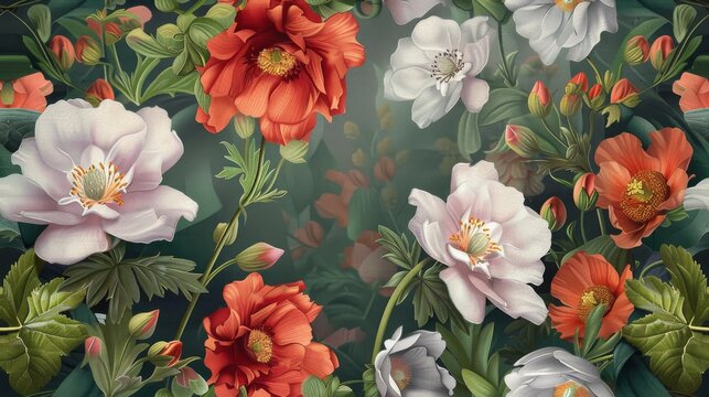 Fashion oil painting Red hibiscus flower on a dark green background, pastel flowers, peonies, roses, echeveria succulent, white hydrangea, ranunculus, anemone, and eucalyptus, design wedding bouquets.