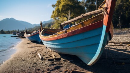 Obraz premium Traditional wooden boats lined up on the shore, Vacation Concept