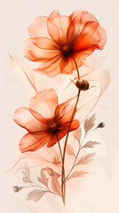 Elegant Orange Wildflower Illustration with Translucent Petals and Leaves.