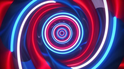 hypnotic spiral, CG animated, red white & blue neon colors, retro synthwave aesthetic