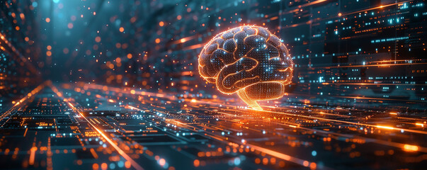 Glowing digital brain floating above futuristic circuit board, representing advanced artificial intelligence, Digital Brain Artificial Intelligence Concept