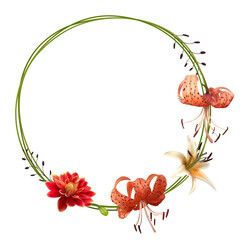 Flowers. Floral background. Round frame decorated with lilies and dahlias. Tiger lily. Red. Green.