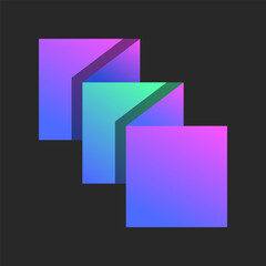 Three squares surfaces logo made of folded paper in colorful gradient, layers geometric shapes in origami style. Conceptual symbol featuring 3 areas, levels, and shadows.