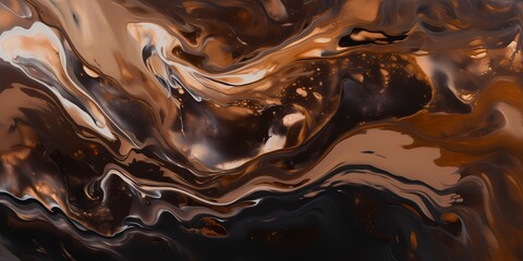 Swirls of russet and chocolate brown converge in a captivating display, resembling the fluid movement of molten copper and molasses hues against a mesmerizing, abstract backdrop.