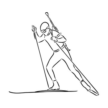 skier skiing with rifle, black line art clip art preview