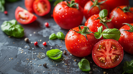 Fototapeta premium Fresh cherry tomatoes with basil leaves and peppercorns on black background