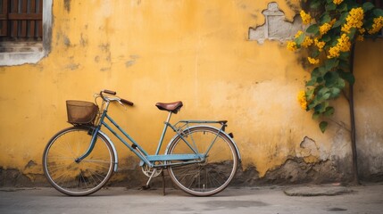 Vintage bicycle leans against a rustic wall - obrazy, fototapety, plakaty
