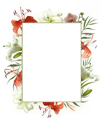 Tiger lily. Floral background. Square frame decorated with tropical flowers. Green palm leaves. Orchid. Exotic.