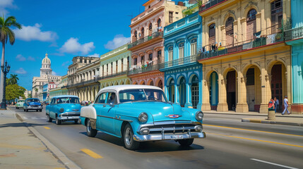 Vintage American Cars on Colorful Havana Street with Classic Colonial Architecture and Palm Trees in Sunny Cuba