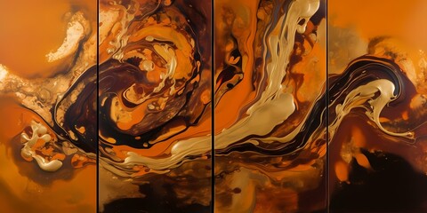 Swirls of marigold and chocolate brown converge in a symphony of color, resembling the fluid movement of molten copper and molasses hues against a mesmerizing, abstract tableau.
