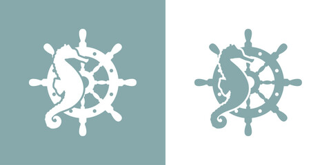Logo Nautical. Club de yate. Silueta de caballo de mar con timón de barco - obrazy, fototapety, plakaty