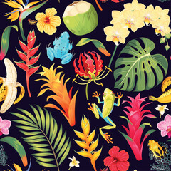 Vector seamless pattern with tropical flowers - 750551492