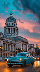 Fototapeta na wymiar Vintage Charm Meets Historic Grandeur: Classic Car Cruising in Front of El Capitolio at Sunset in Havana, Capturing the Timeless Spirit of Cuba