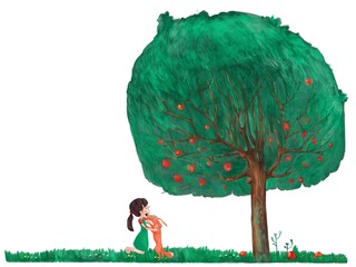 Meeting of friends, girl hugging her dog, pet, summer holiday, green tree, digital color illustration, postcard