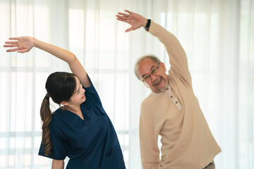 Health insurance service, Young Asian caregiver nurse examine senior man or woman patient at home....