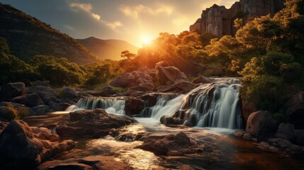Waterfall illuminated by the golden light of sunrise in a mountainous setting - obrazy, fototapety, plakaty