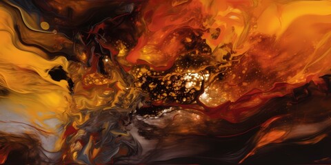 Swirls of marigold and chocolate brown converge in a symphony of color, resembling the fluid movement of molten copper and molasses hues against a mesmerizing, abstract tableau.