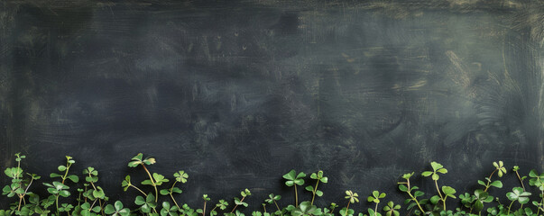 black board. space for menus, text.. Green wooden four leaf shamrocks laying on a wooden board. St. Patrick' day. Irish culture.