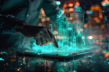 a digital tablet, and modern building holograms. Business and building technology concepts