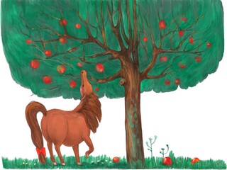 Cute pony feasts on apples from a fairy tree, digital illustration, postcard, congratulation