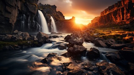 Waterfall illuminated by the golden light of sunrise in a mountainous setting - obrazy, fototapety, plakaty