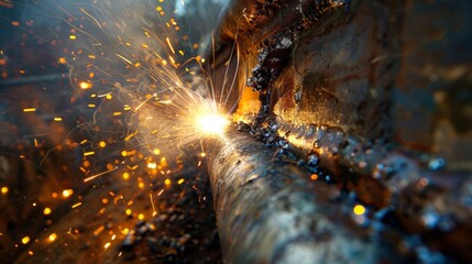 a beautiful studio quality picture of a welder welding structural steel. The picture is taken close up at an angle close enough to appreciate the quality of the welder - obrazy, fototapety, plakaty