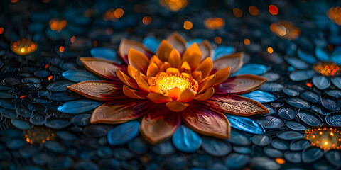 A close up view of an orange and blue lotus flower, a flower that is floating in a pond of water
