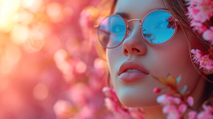 Fototapeta premium beautiful girl in a straw hat and sunglasses on a background of blooming spring summer flowers