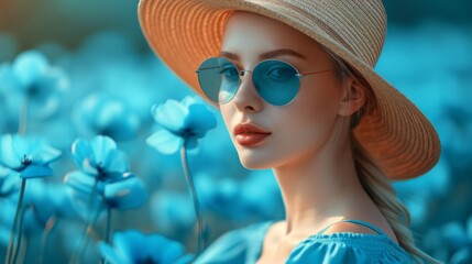 beautiful girl in a straw hat and sunglasses on a background of blooming spring summer flowers