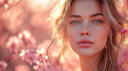Fototapeta premium beautiful girl in a straw hat and sunglasses on a background of blooming spring summer flowers