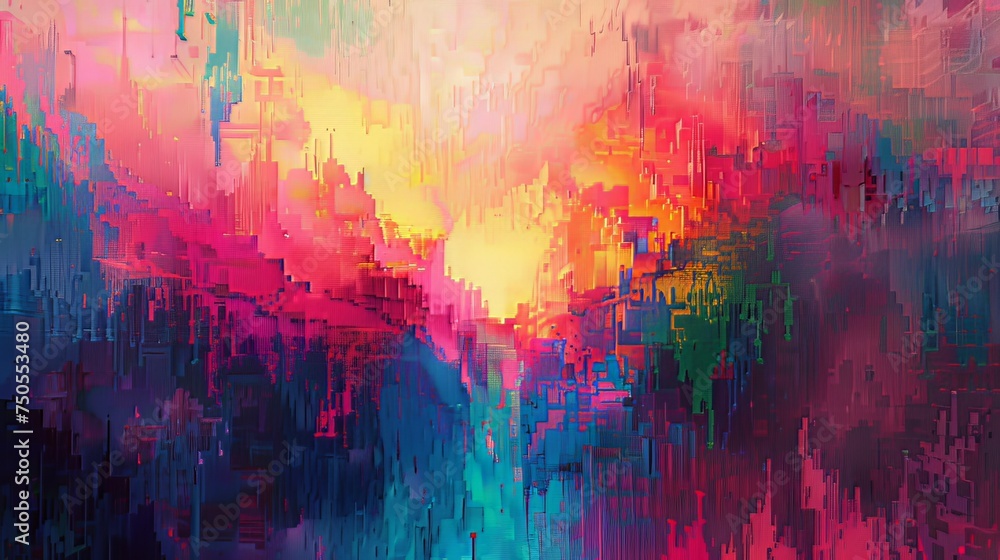 Poster pixelated dreamscape: in a pixelated dreamscape, reality fractures into vibrant pixels, creating a v