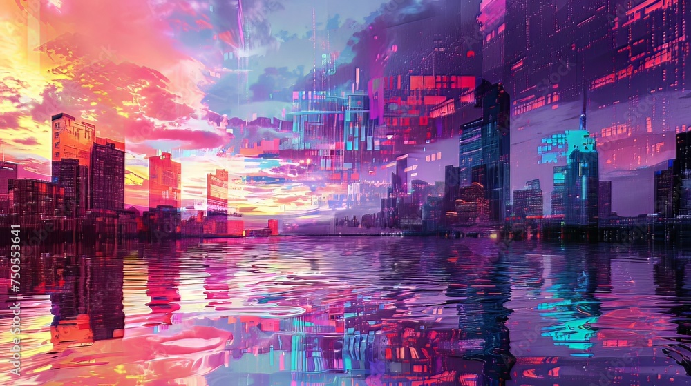 Poster pixelated dreamscape: in a pixelated dreamscape, reality fractures into vibrant pixels, creating a v