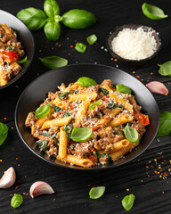 Creamy Tuscan pasta with minced beef, sun dried tomatoes, spinach and parmesan cheese