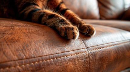 The cat scratches the sofa furniture. Selective focus. - obrazy, fototapety, plakaty
