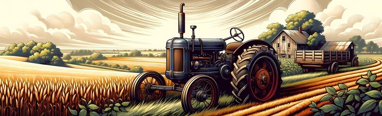 Rustic Countryside with Vintage Tractor - Farm Life Scene with Copyspace - obrazy, fototapety, plakaty