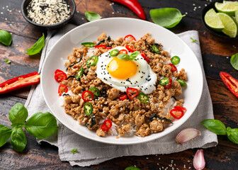Pad Krapow Gai, Thai Basil Chicken with rice and fried egg
