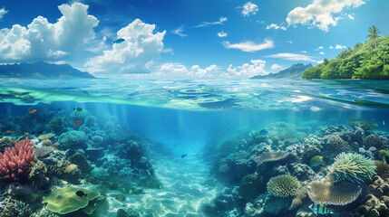An underwater view of a coral reef with a blue sky