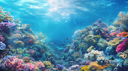 Fototapeta na wymiar An underwater view of a coral reef with a blue sky
