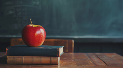 Background to school concept. stack of books and apple 