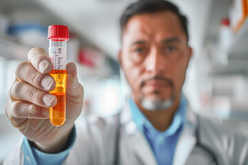 Doctor holding a urine test vial in focus, a vital element in the diagnostic process. - obrazy, fototapety, plakaty
