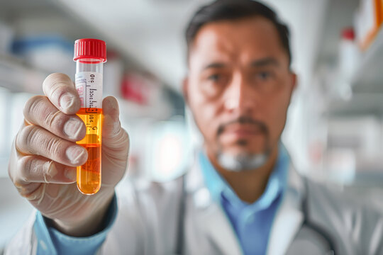 Doctor holding a urine test vial in focus, a vital element in the diagnostic process.