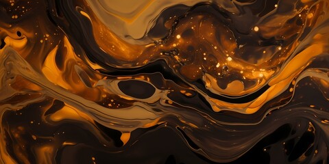 Swirls of marigold and chocolate brown converge in a symphony of color, resembling the fluid movement of molten copper and molasses hues against a mesmerizing, abstract tableau. - obrazy, fototapety, plakaty