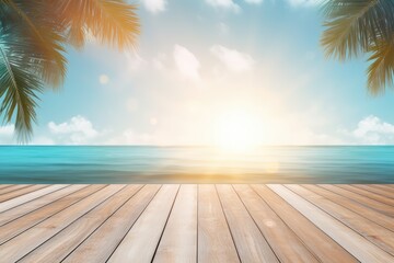 Idyllic Tropical Paradise with Sun-Kissed Wooden Deck and Palms - Generative AI