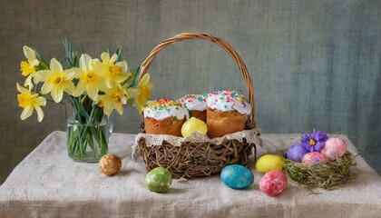 Fototapeta na wymiar a basket of easter treats with eggs decorated in different colors, in the style of nostalgic paintings, softbox lighting, zeiss batis 18mm f/2.8, light amber and gray, watercolors, pictorial fabrics, 