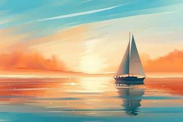Fototapeta premium Sailboat Basking in Golden Sunset Reflections on Tranquil Seas - Generative AI