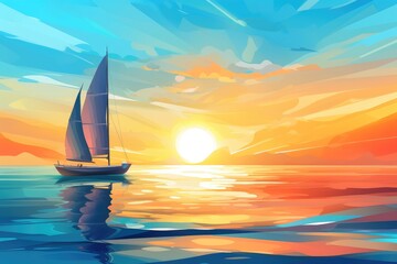 Sailboat Basking in Golden Sunset Reflections on Tranquil Seas - Generative AI