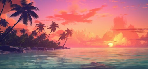 Tropical Sunset Bliss with Palm Silhouettes and Pastel Sky - Generative AI