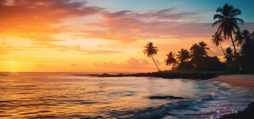 Fototapeta na wymiar Idyllic Sunset Harmony: Palm Trees Silhouetted Against a Vibrant Sky - Generative AI