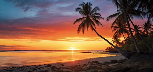 Fototapeta na wymiar Idyllic Sunset Harmony: Palm Trees Silhouetted Against a Vibrant Sky - Generative AI