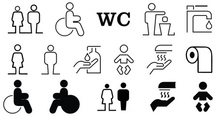 Toilet line icon set. WC sign. Man, woman, shower, mother with baby, handicap symbol. Restroom for male, female, disabled pictograms